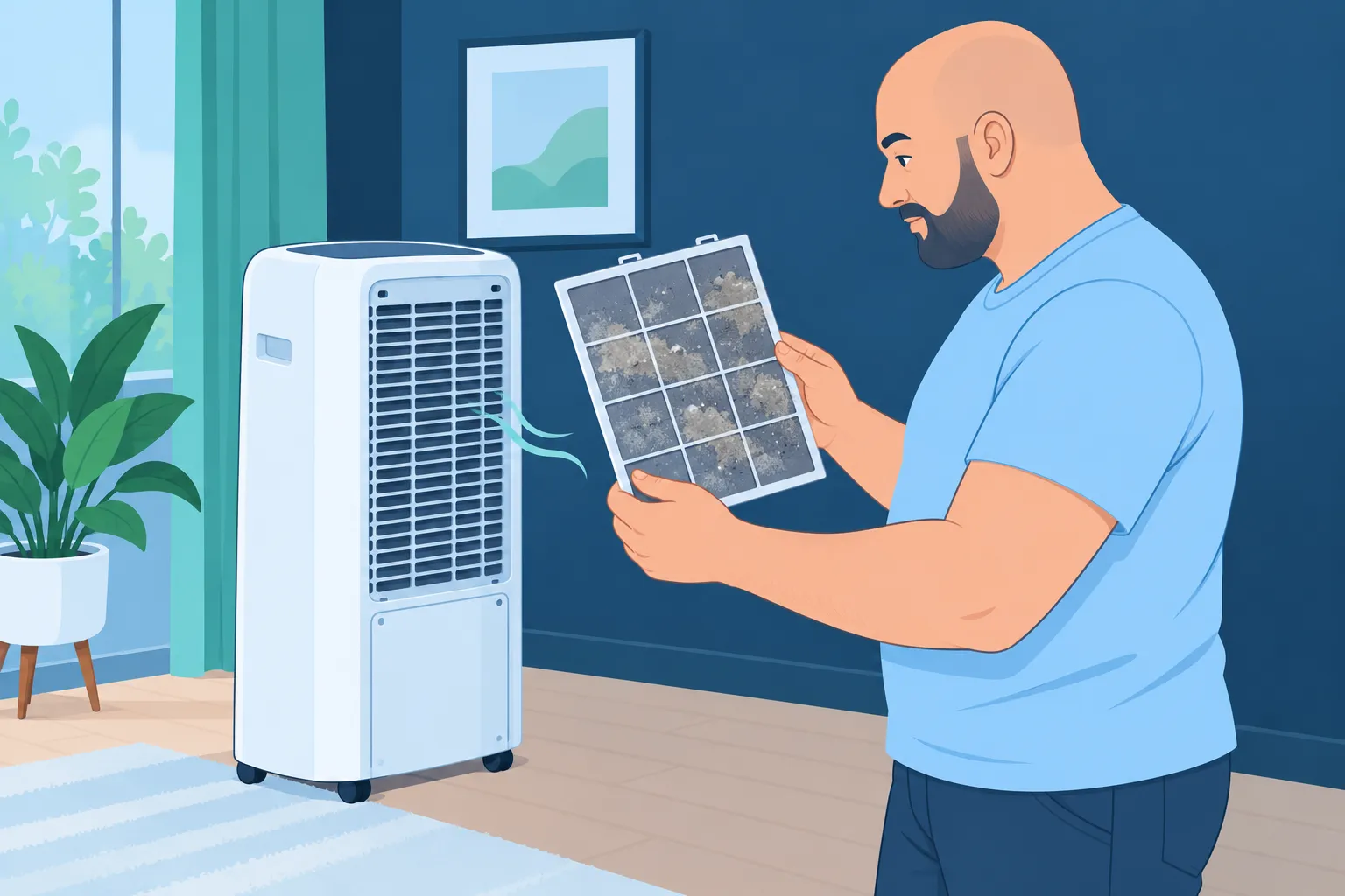 Un homme examine un filtre sale d’un climatiseur mobile posé près d’un mur bleu dans une pièce lumineuse.