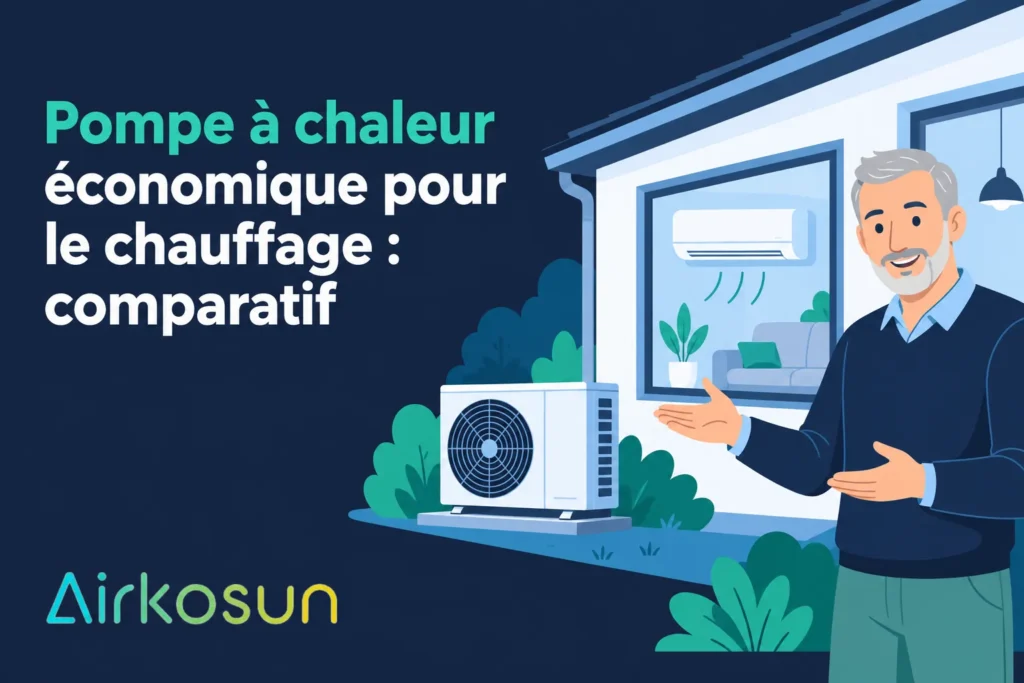 Illustration d’un homme âgé montrant une pompe à chaleur extérieure installée près d’une maison.