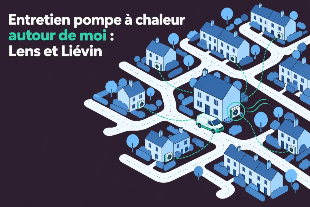 Une illustration représentant un quartier résidentiel avec des maisons et des routes, et un véhicule vert près d’une pompe à