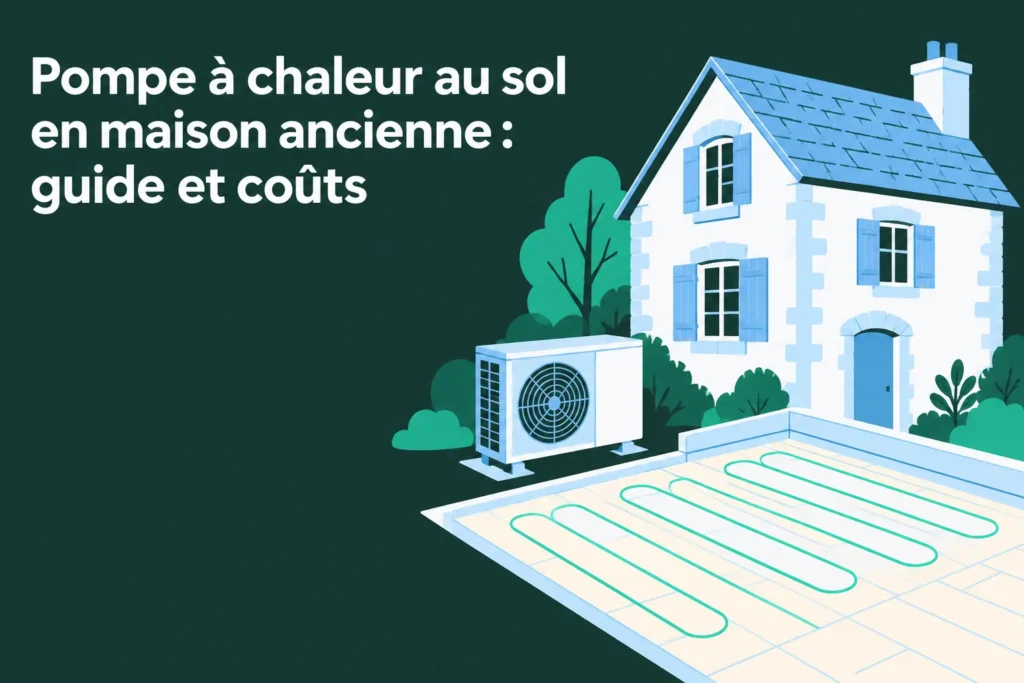 Image d’une pompe à chaleur extérieur près d’une maison ancienne avec les circuits de chauffage au sol visibles sur une