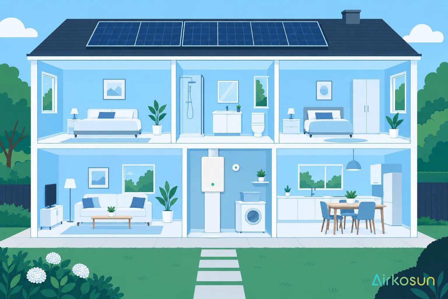 Maison lumineuse montrant plusieurs pièces intérieures avec un chauffe-eau et éléments de chauffage visibles