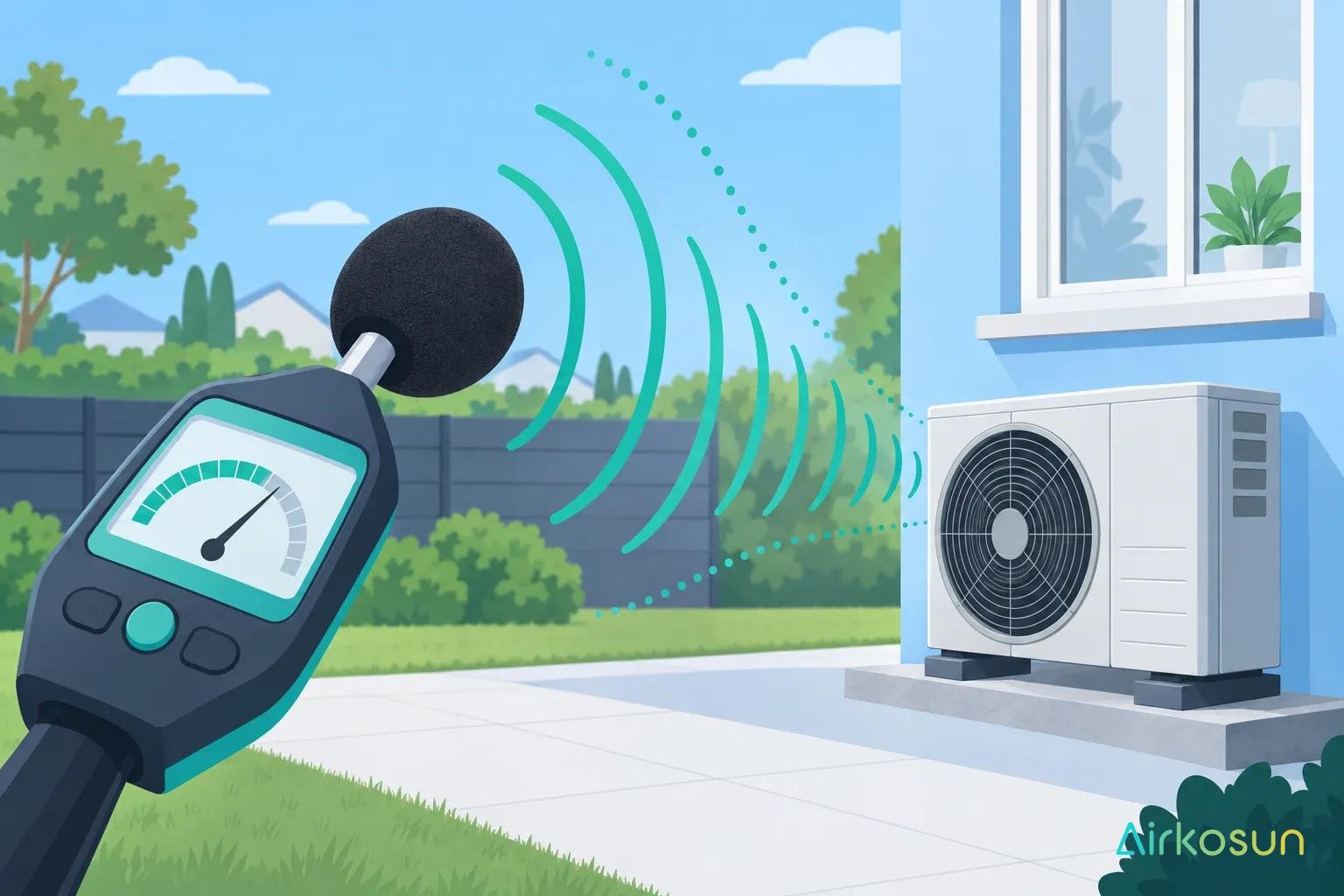 Mesure acoustique d’une pompe à chaleur extérieure émettant des ondes sonores vers l’extérieur de la maison.