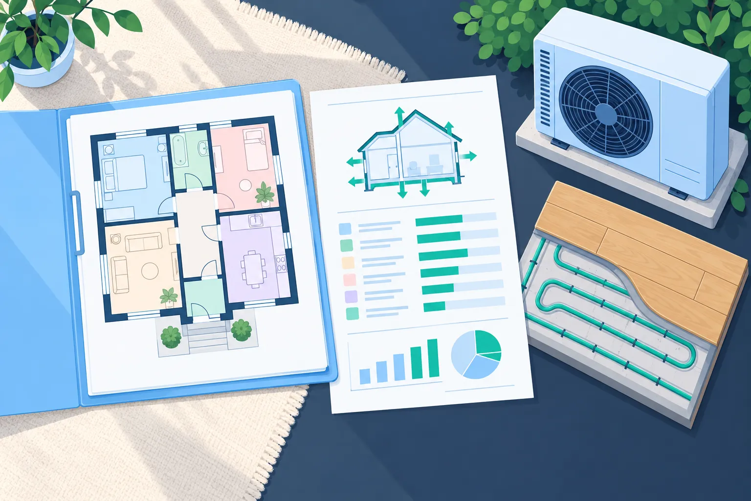 Plan d’étude et documents techniques montrant un plan de maison, des graphiques et une unité de climatisation extérieure.