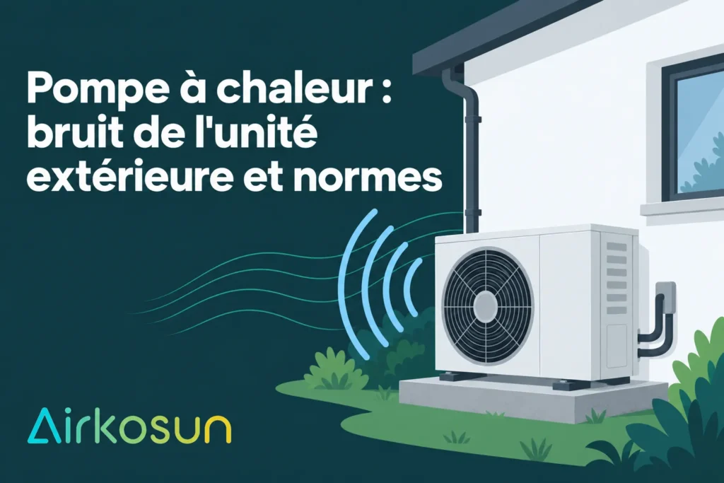 Une pompe à chaleur extérieure blanche est installée à l’extérieur d’une maison et émet des ondes sonores dessinées pour