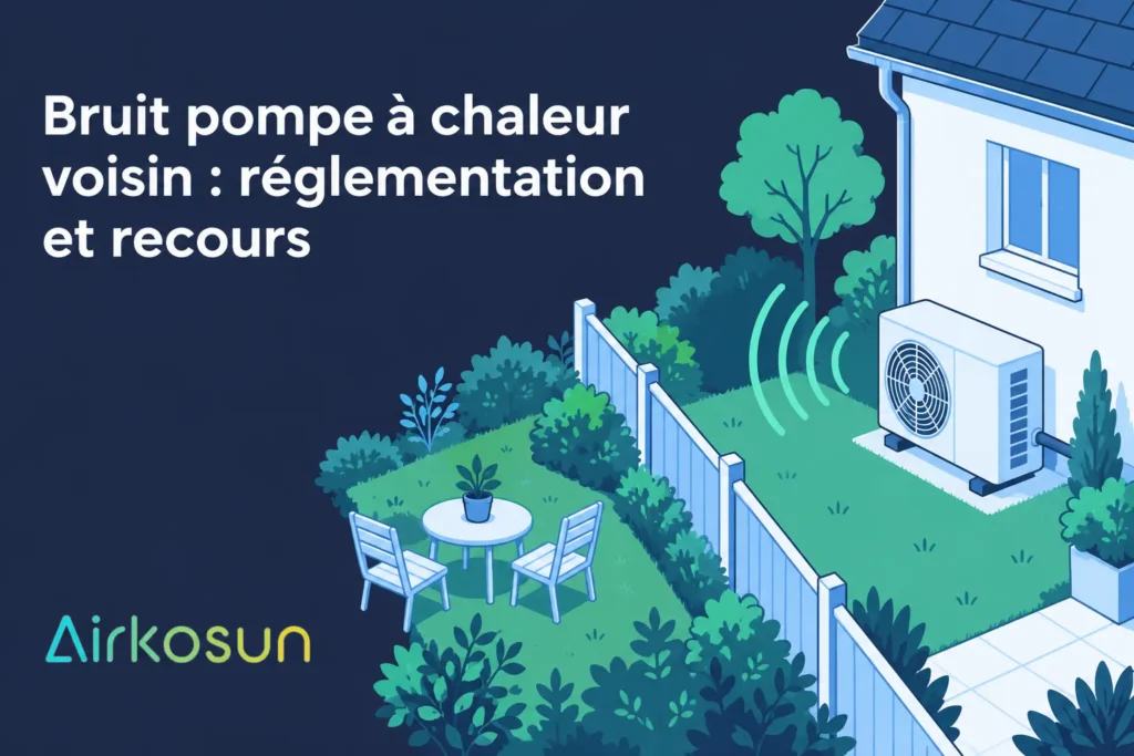 Une pompe à chaleur extérieure émet des ondes sonores dans un jardin privé séparé par une clôture.