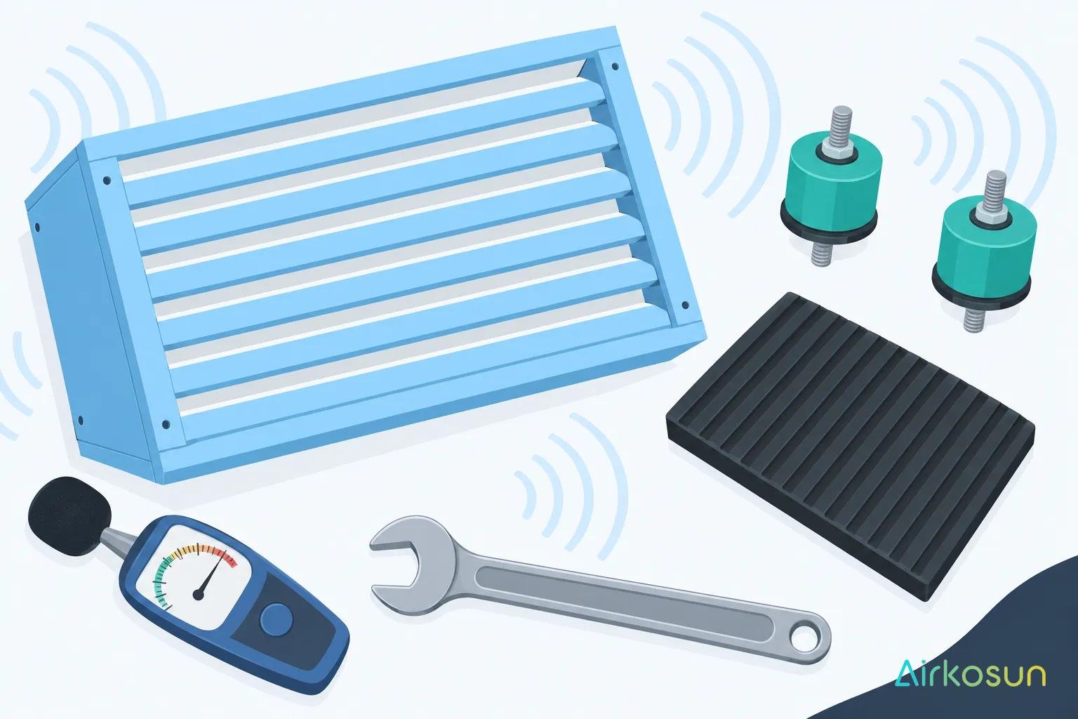 Ventilateur et composants d’une pompe à chaleur avec outils et capteur de bruit.